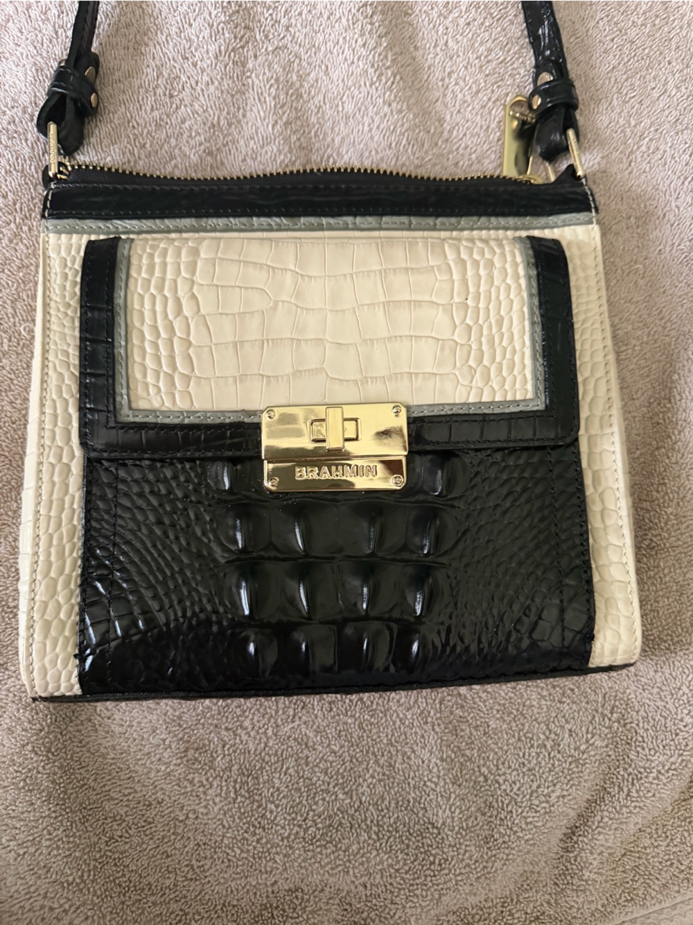 Brahmin Black and Cream Croc-Embossed Leather Crossbody with Gold Hardware